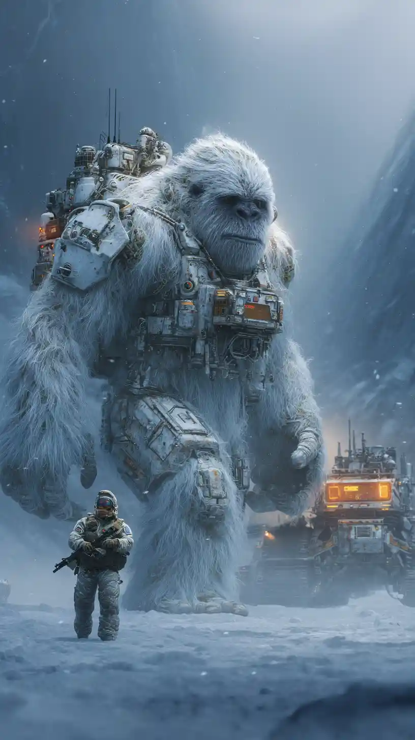 Cyber armored white yeti close up in snowy mountains