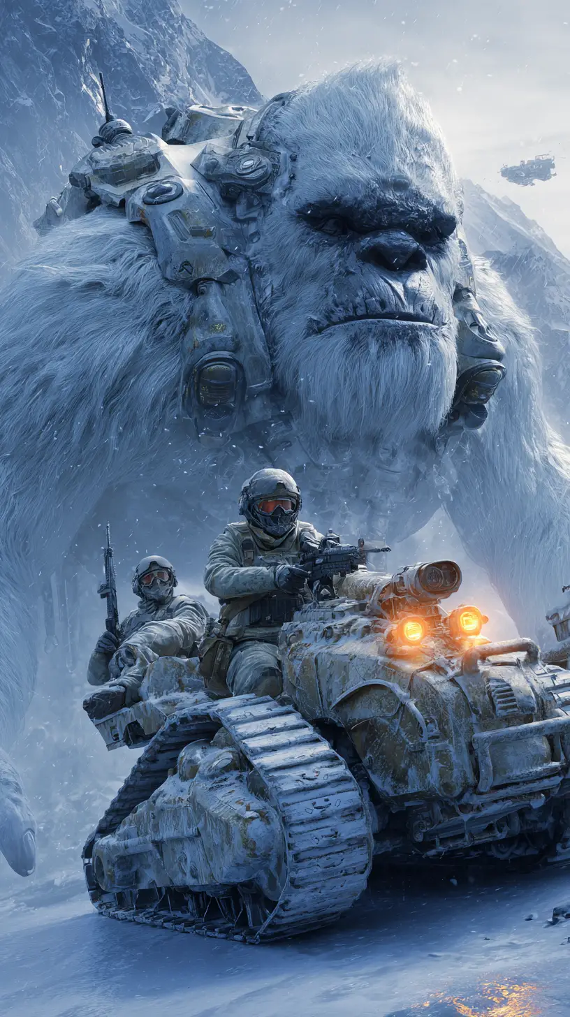 Armored white yeti pursued by soldiers in snowy mountains