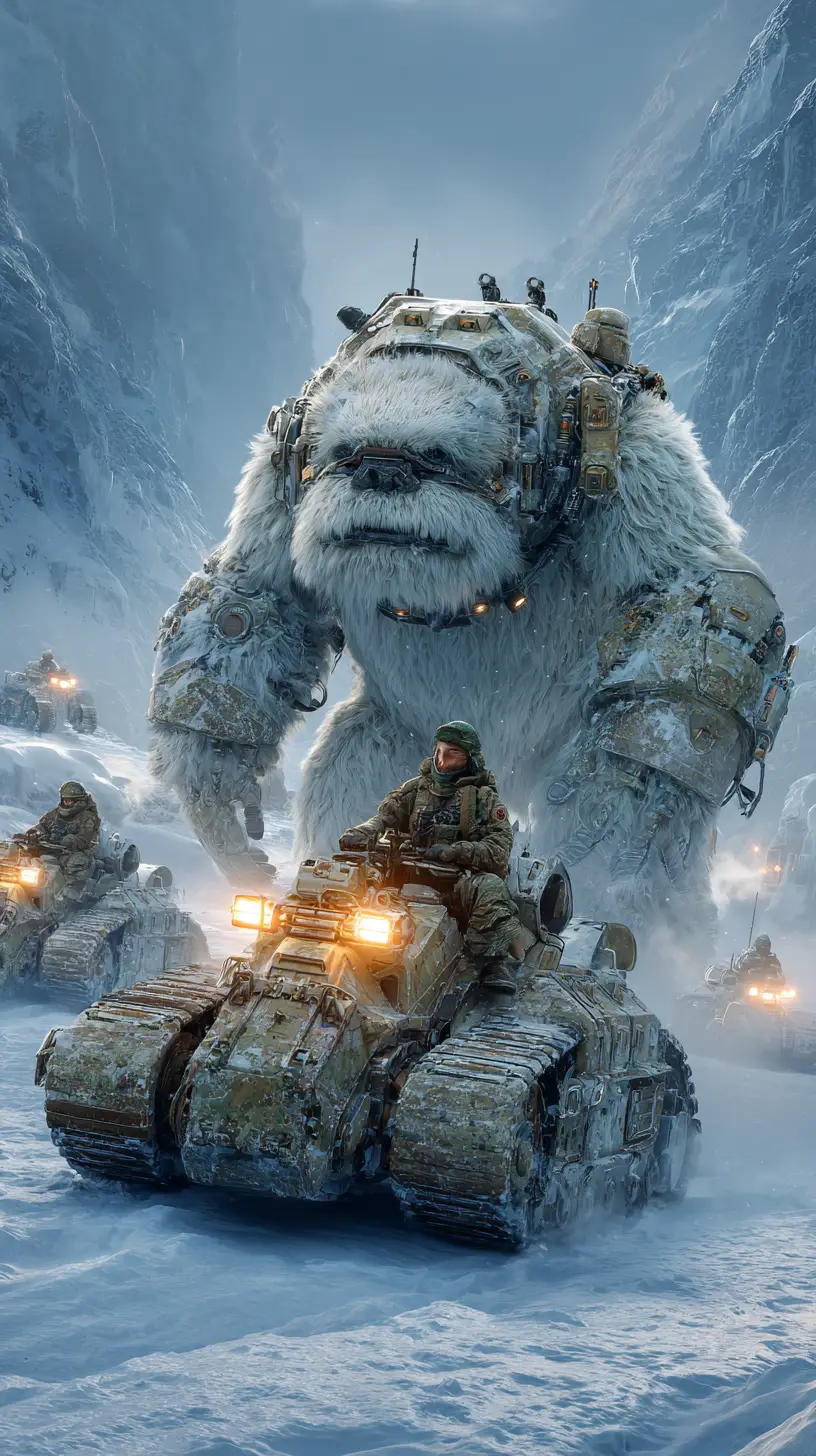 Cyber armored yeti with soldiers in a snowy mountain war
