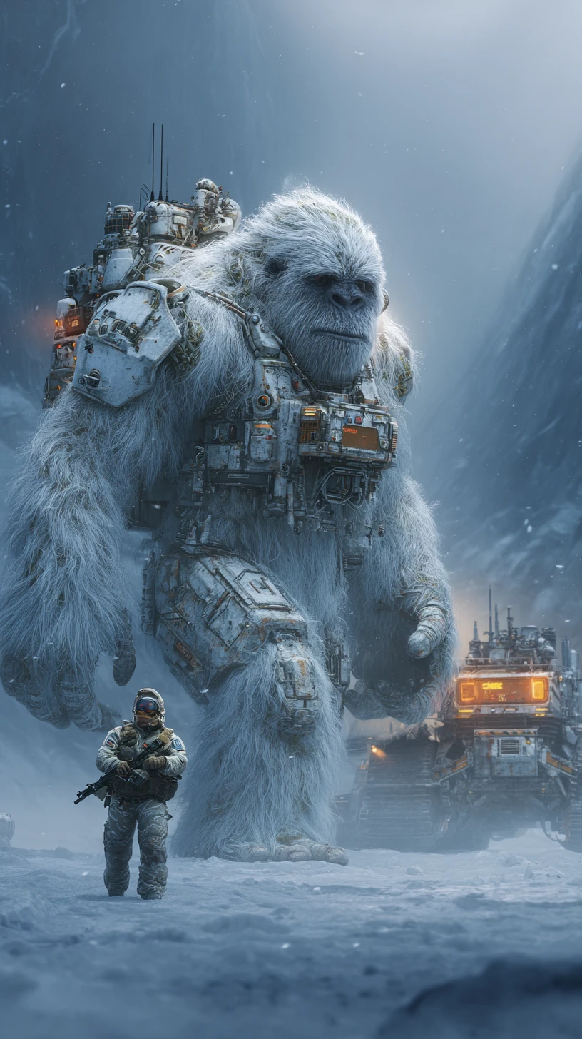 Cyber armored white yeti close up in snowy mountains