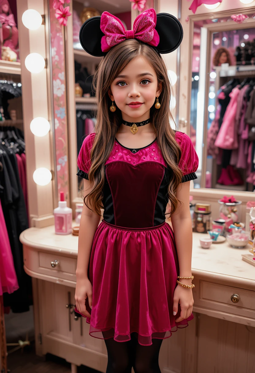 Tween boy in pink Minnie dress at boutique vanity