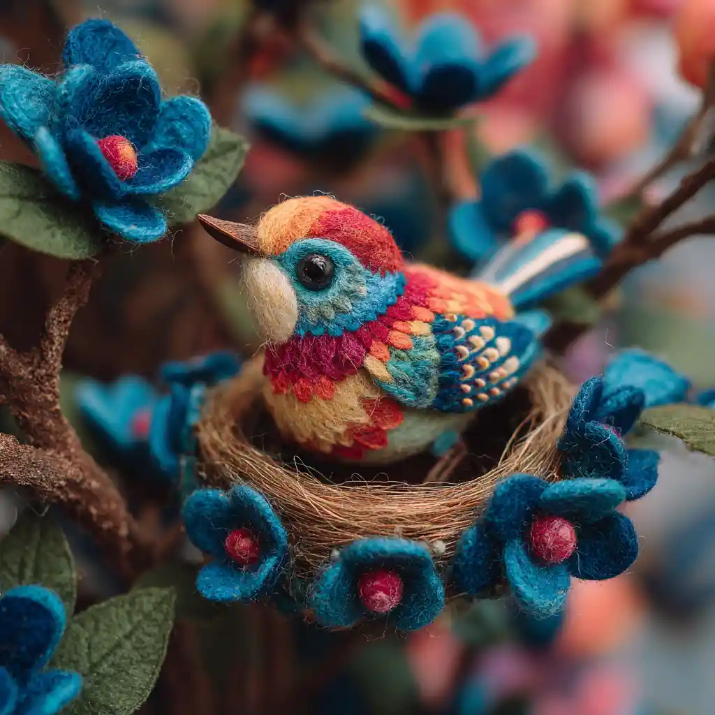 Colorful wool bird resting in a soft tree nest