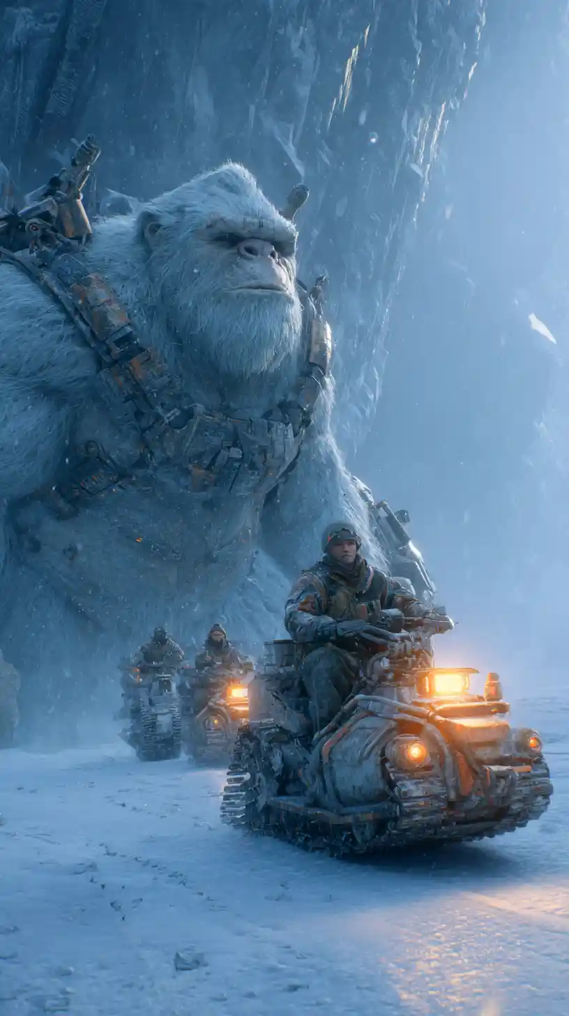 Cyber armored yeti and soldiers in a snowy mountain war zone