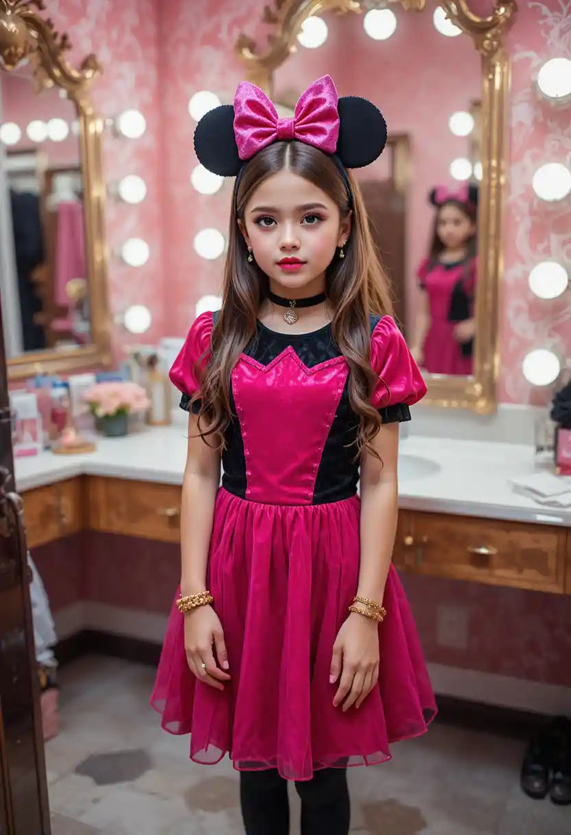 Tween boy styled as girl in pink minnie dress