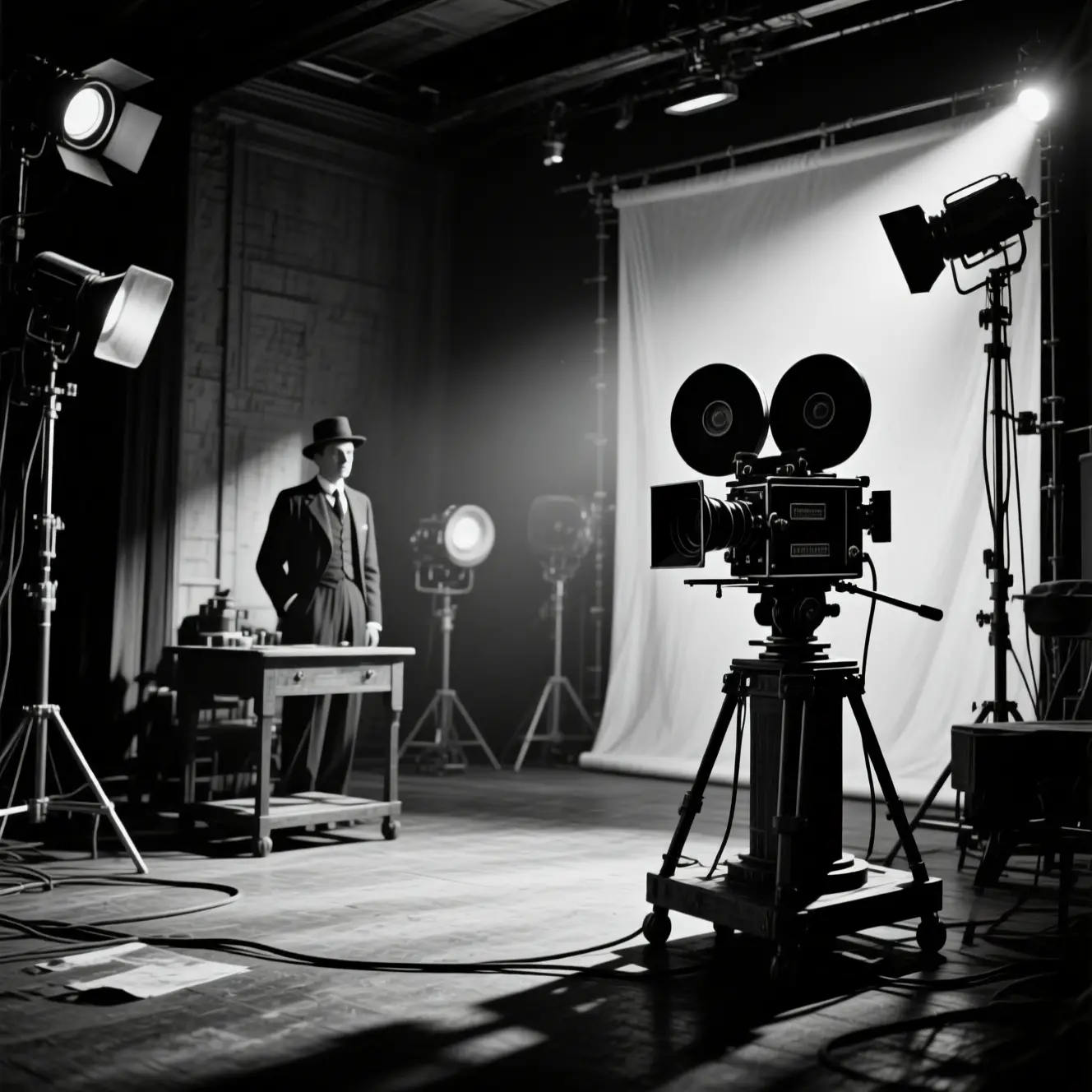 Vintage black and white film studio with 1890s silent era mood