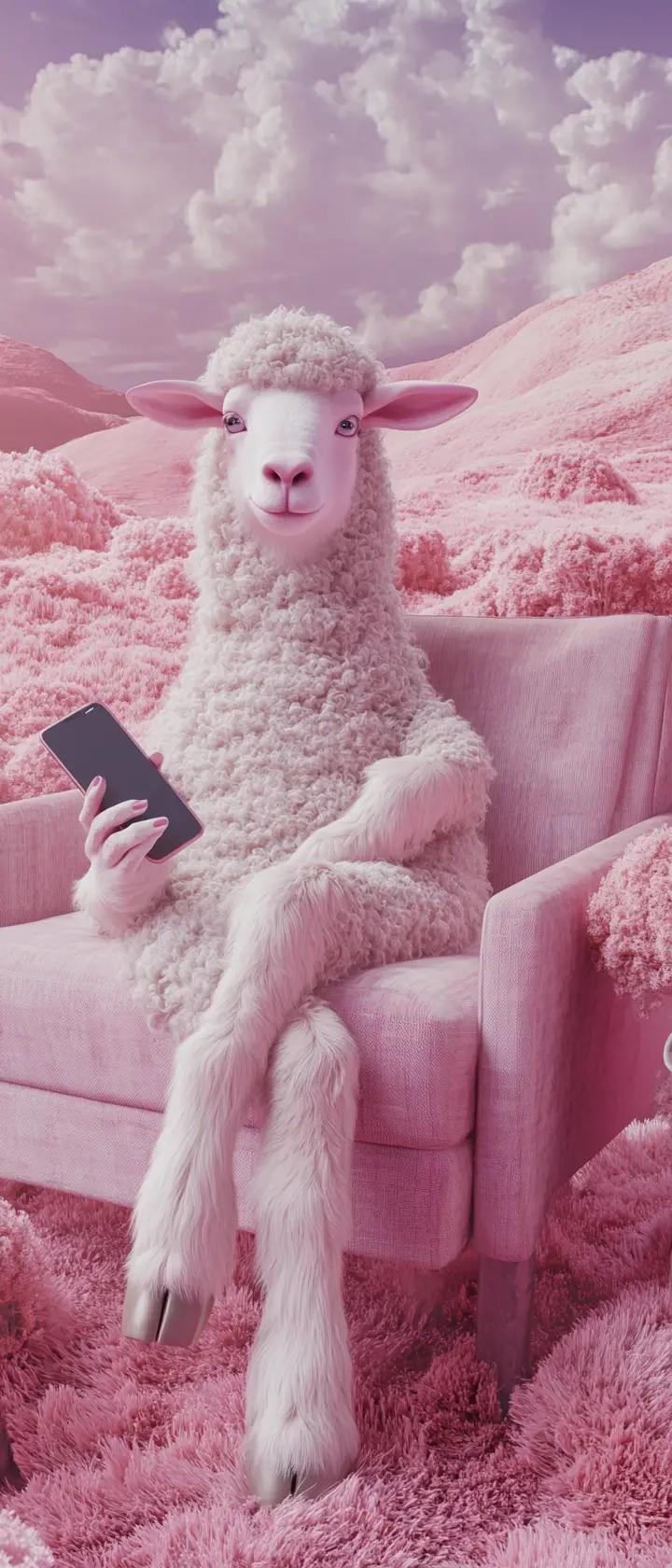 Humanized sheep relaxing on a sofa in pink surreal hills