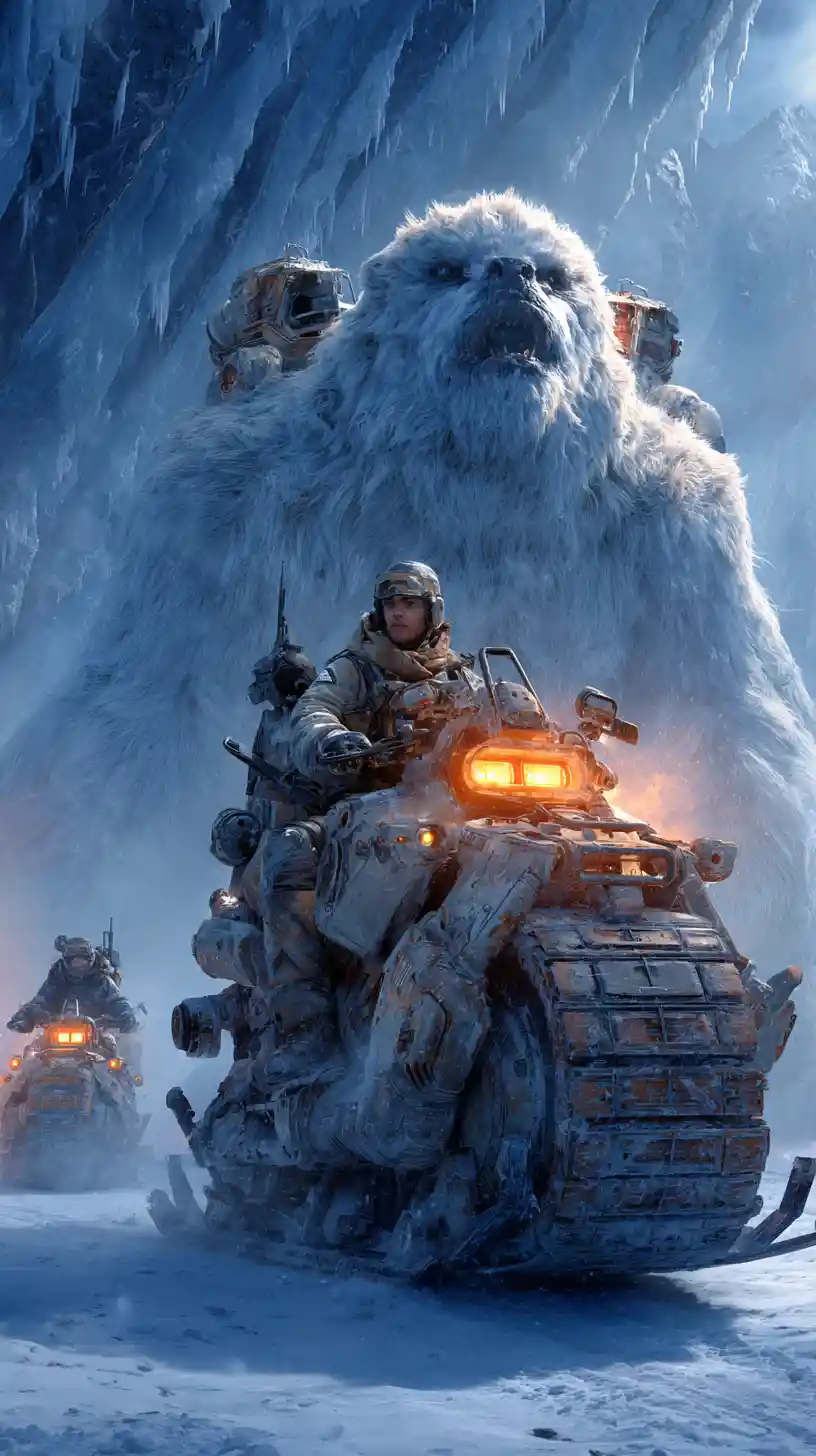 Armored white yeti with soldiers in snowy mountains