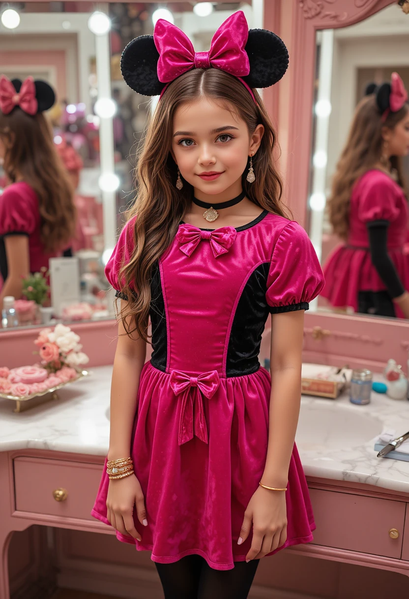 Tween boy in pink minnie dress at boutique vanity