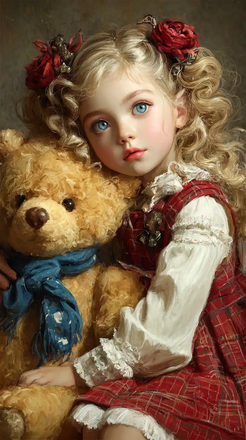 Little girl hugging teddy bear in soft light illustration