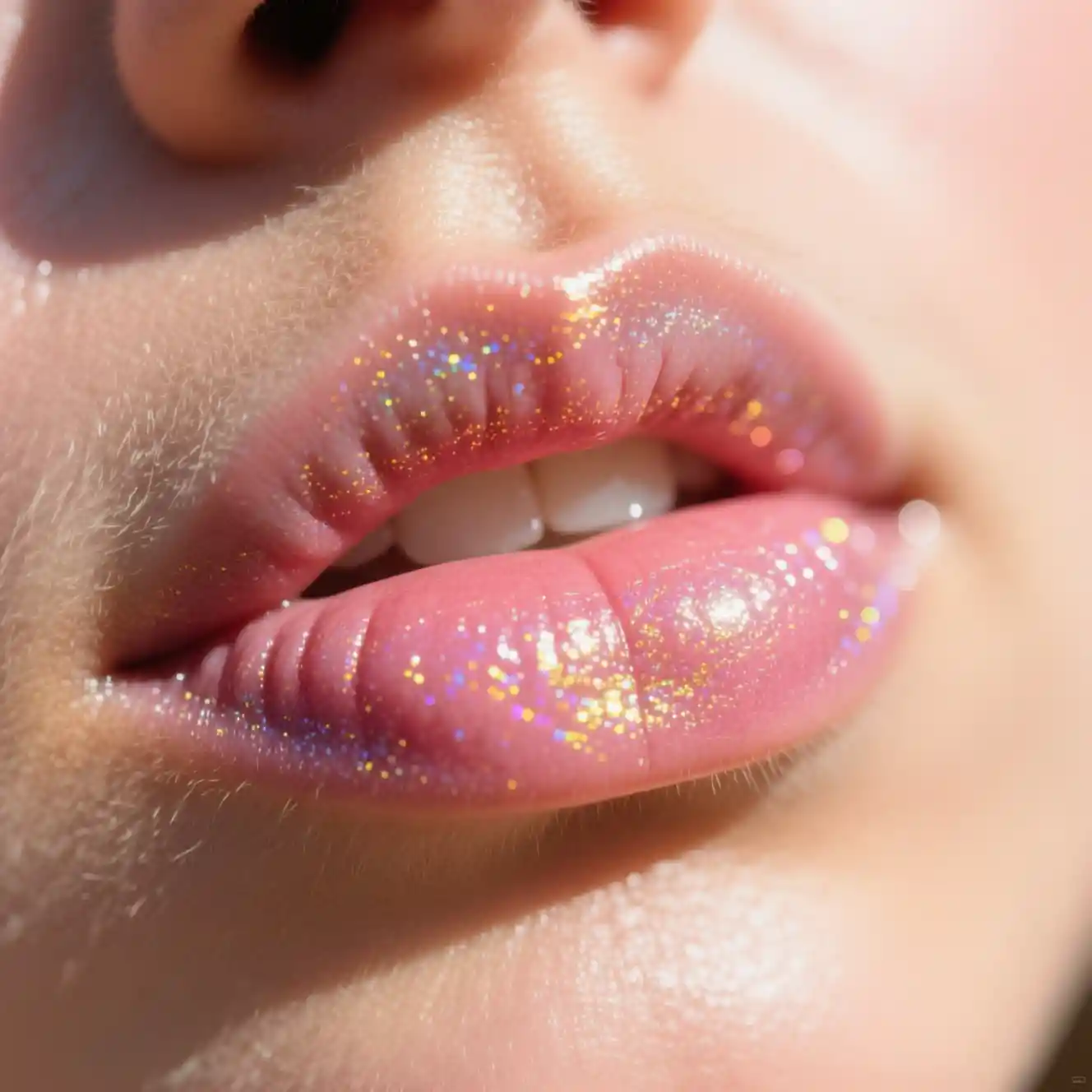 Glossy pink lips in soft intimate close up