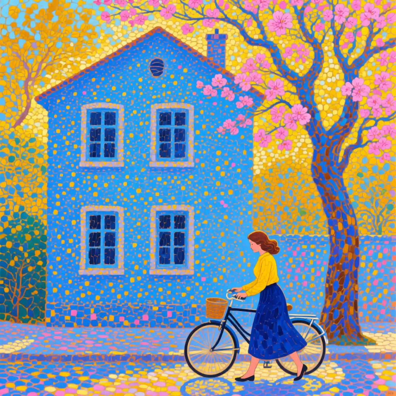 Femme aux formes généreuses marchant avec son vélo près d’une maison bleue