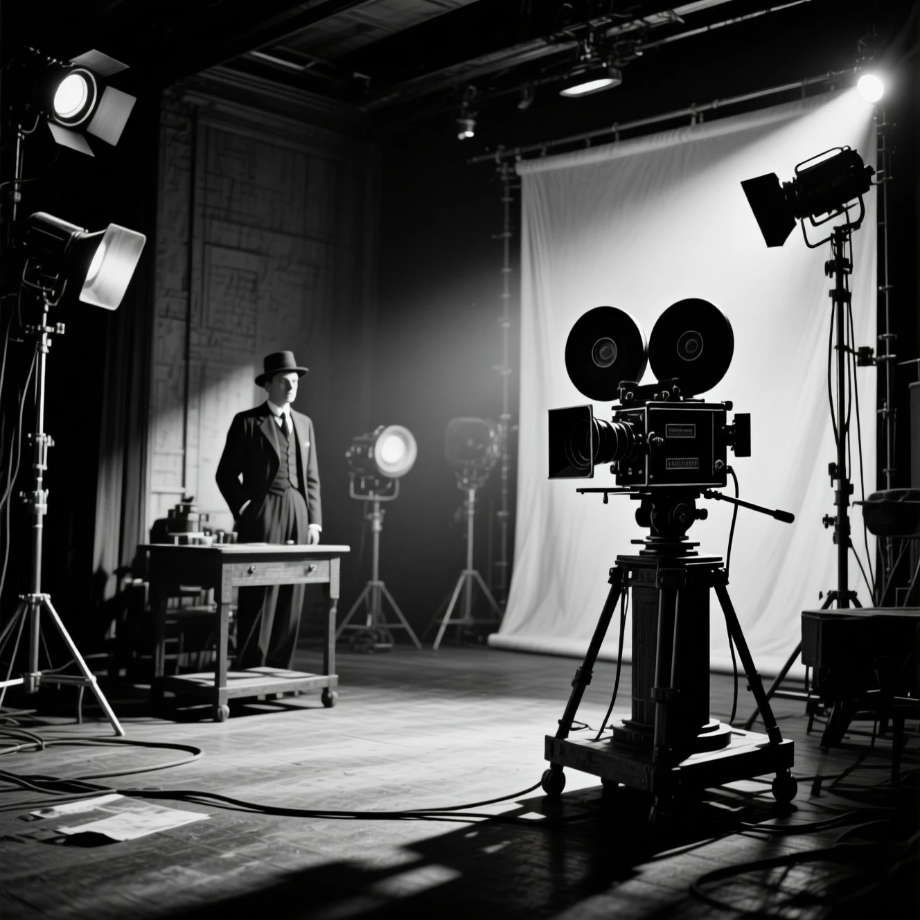 Vintage black and white film studio with 1890s silent era mood