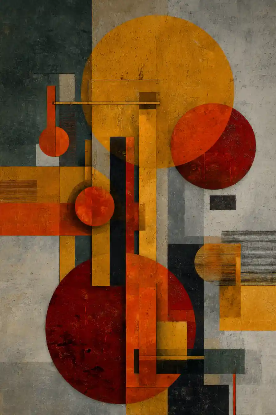 Abstract geometric painting in warm oranges and cool greys