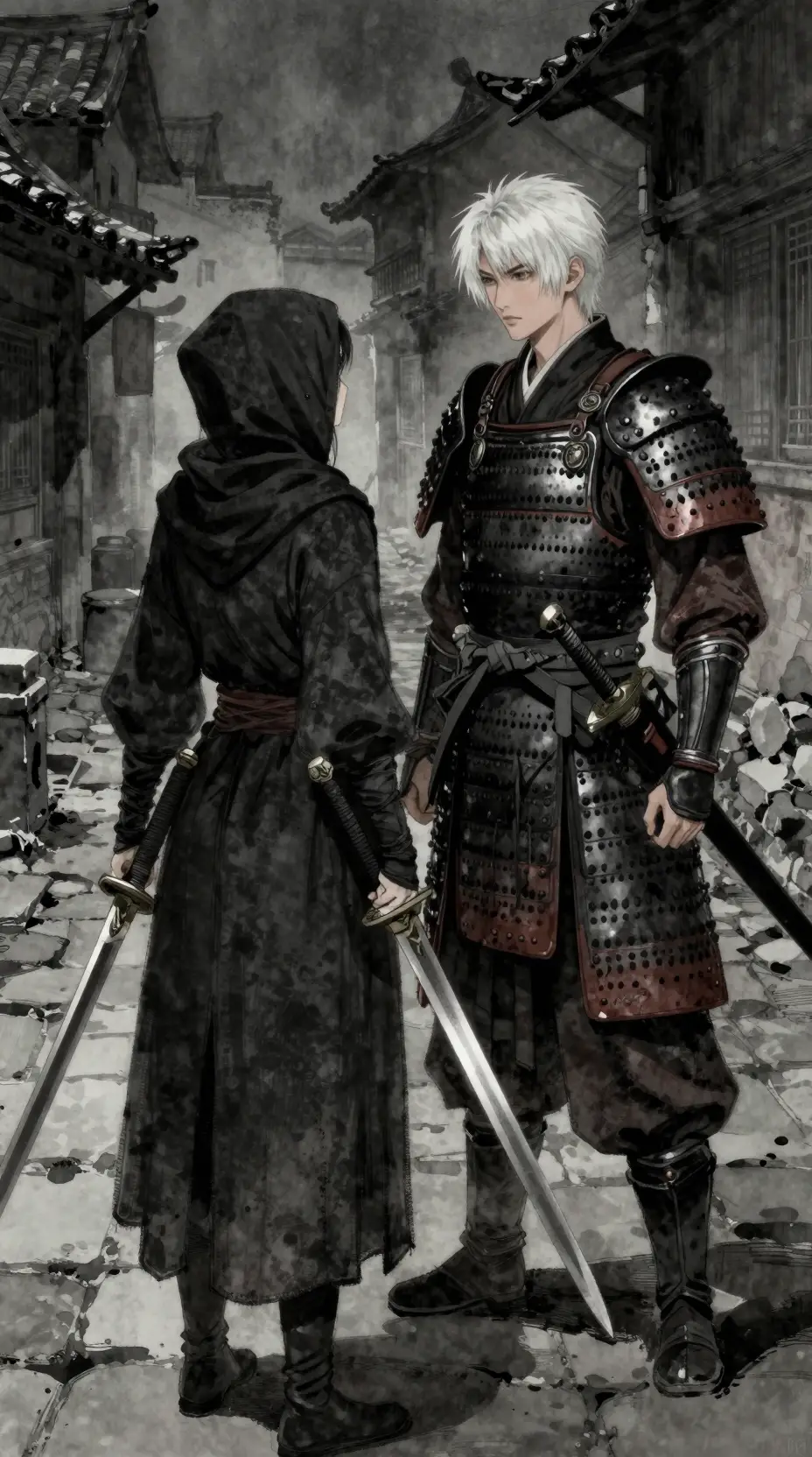 Hooded female warrior facing samurai in medieval alley