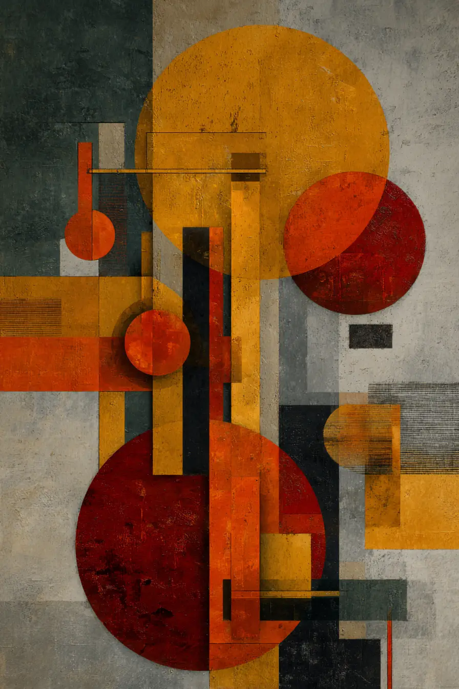 Abstract geometric painting in warm oranges and cool greys