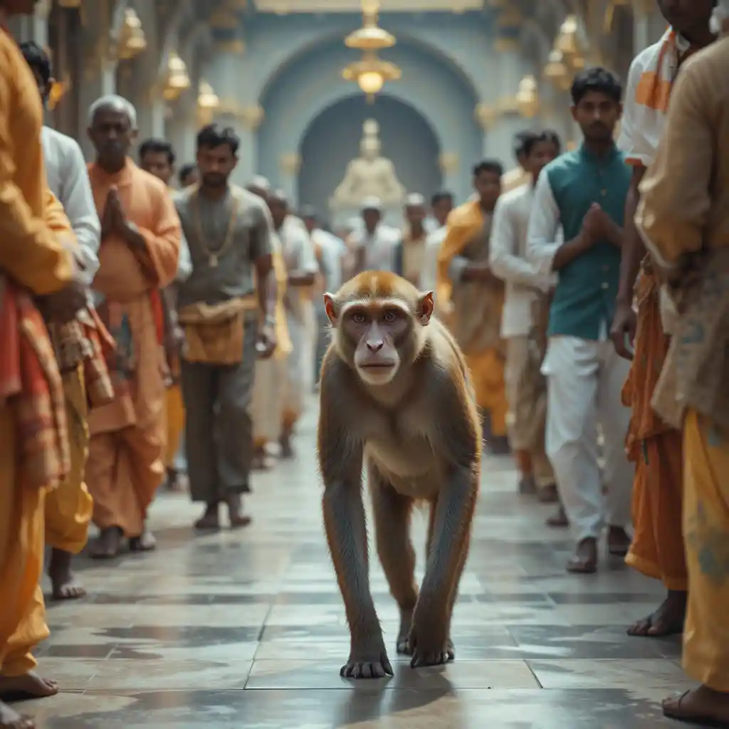 Monkey Walking Among Devotees In An Indian Temple