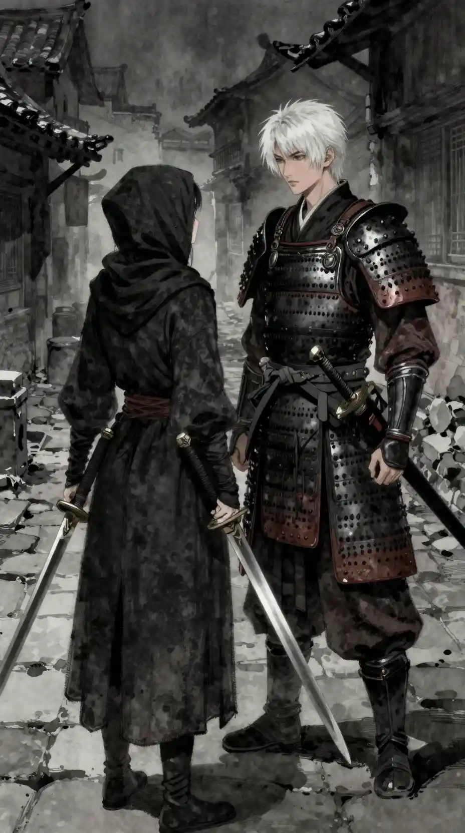 Guerriera incappucciata di fronte a un samurai in un vicolo medievale