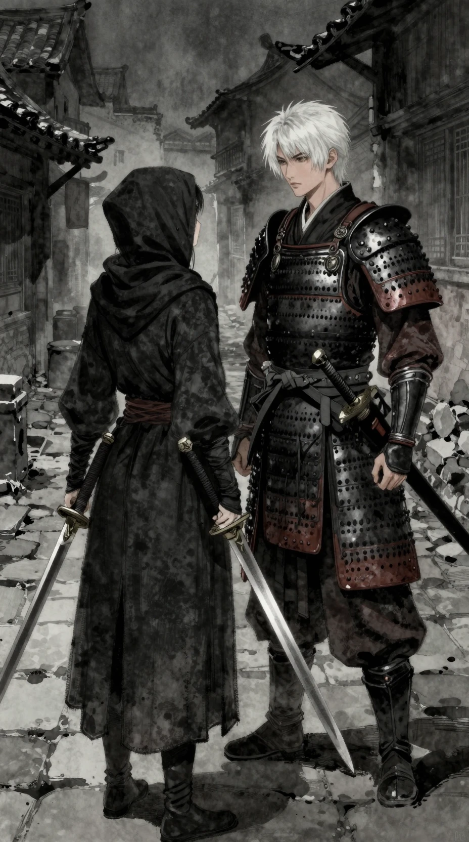 Guerriera incappucciata di fronte a un samurai in un vicolo medievale