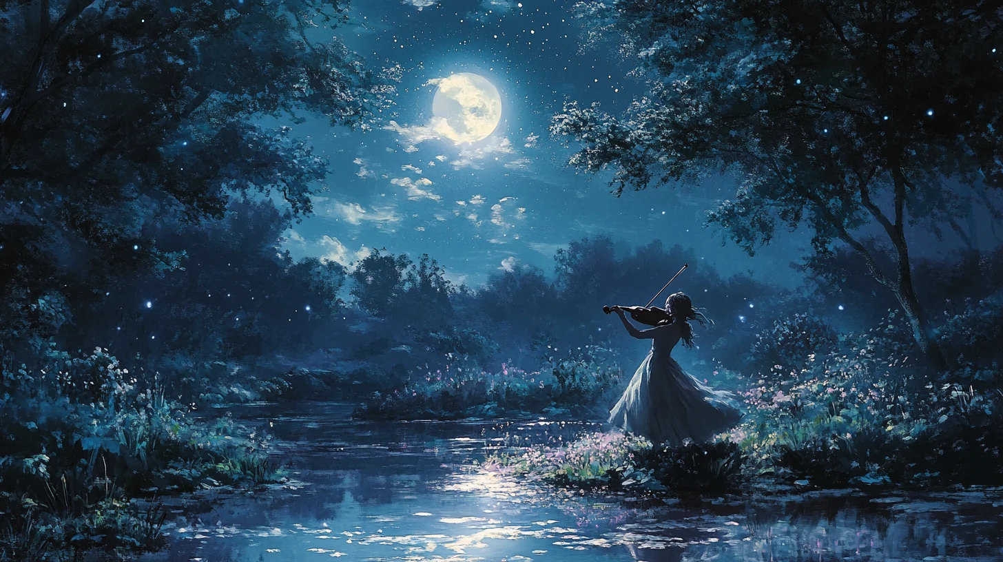 Lone violinist playing in a serene moonlit garden