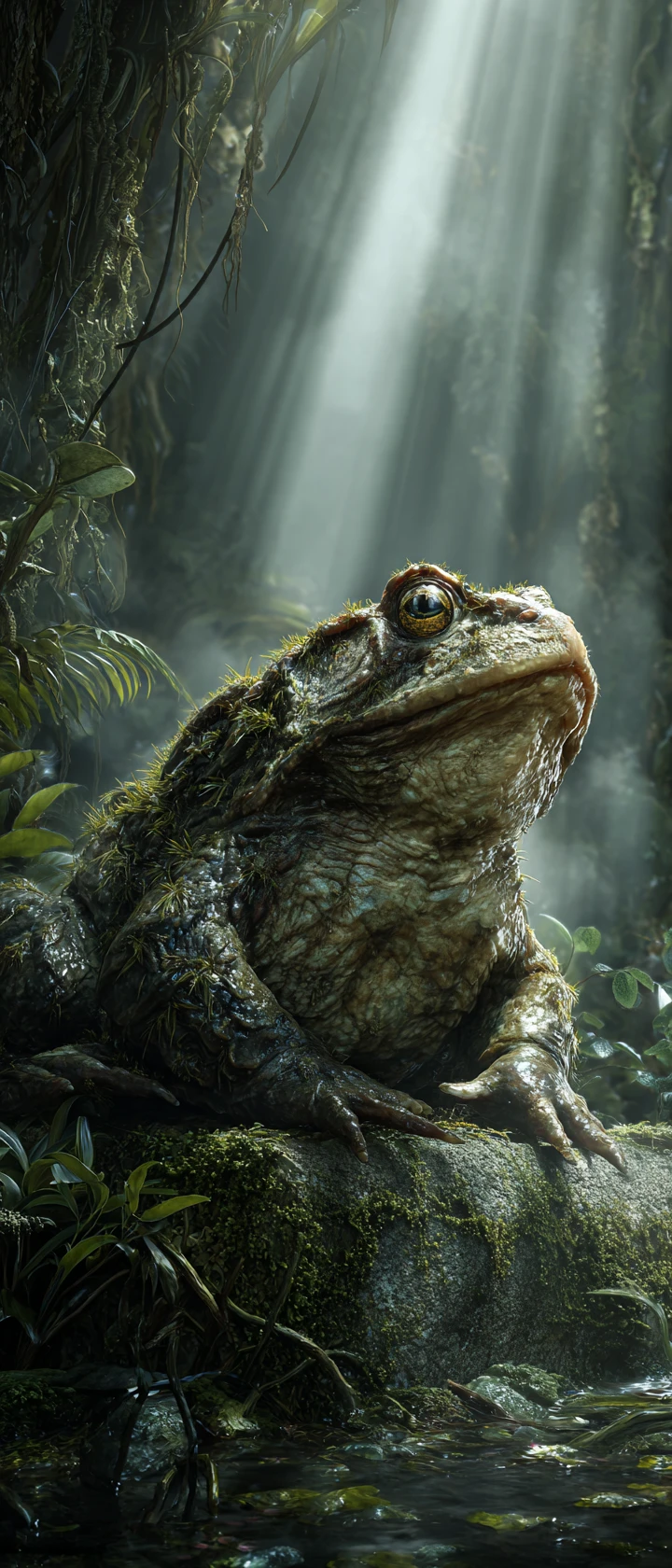 Wise old frog on stone in a mystical misty swamp
