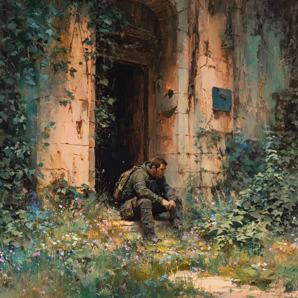 Lone soldier in ivy covered ruined city street