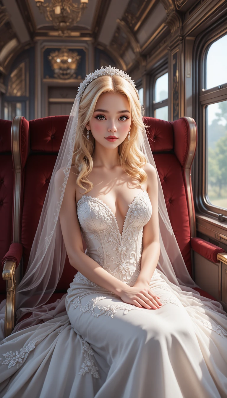 Bride in white gown seated on a luxurious train