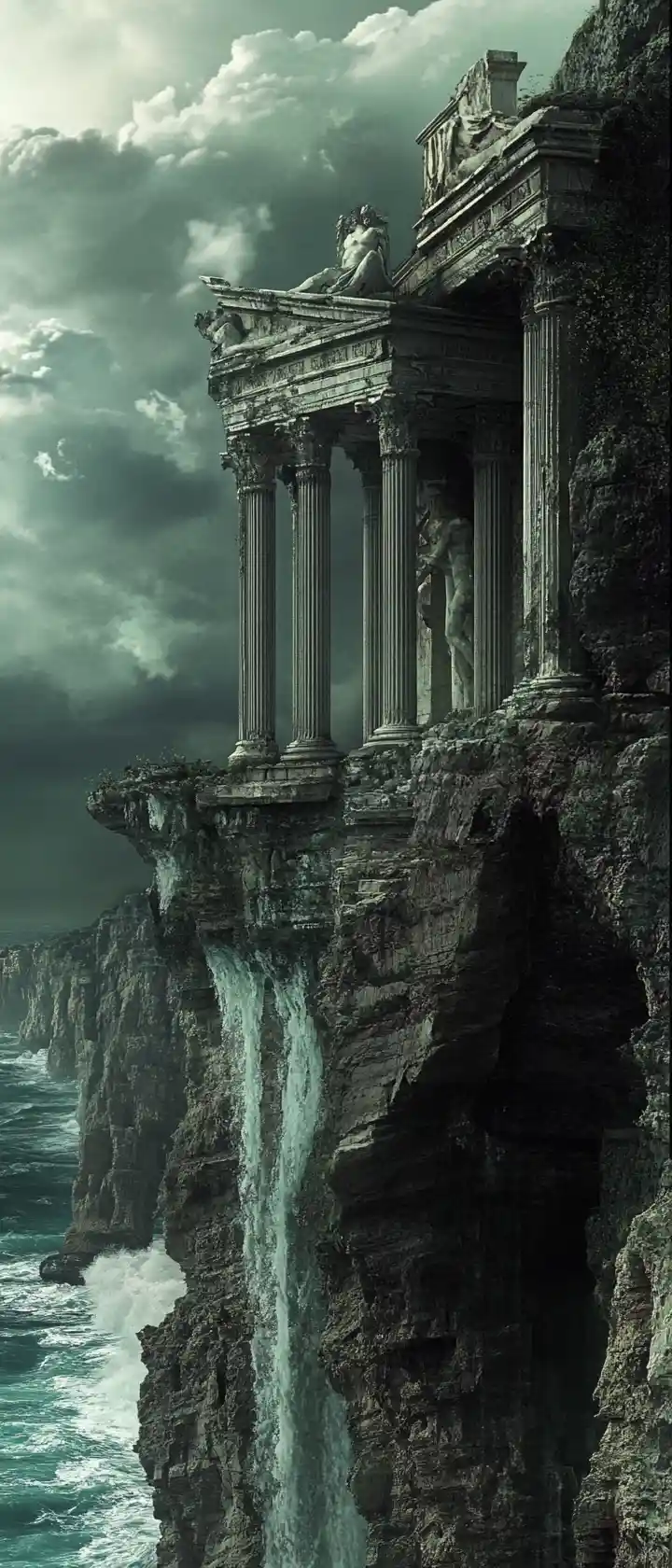 Ancient cliffside temples under storm clouds in dramatic light