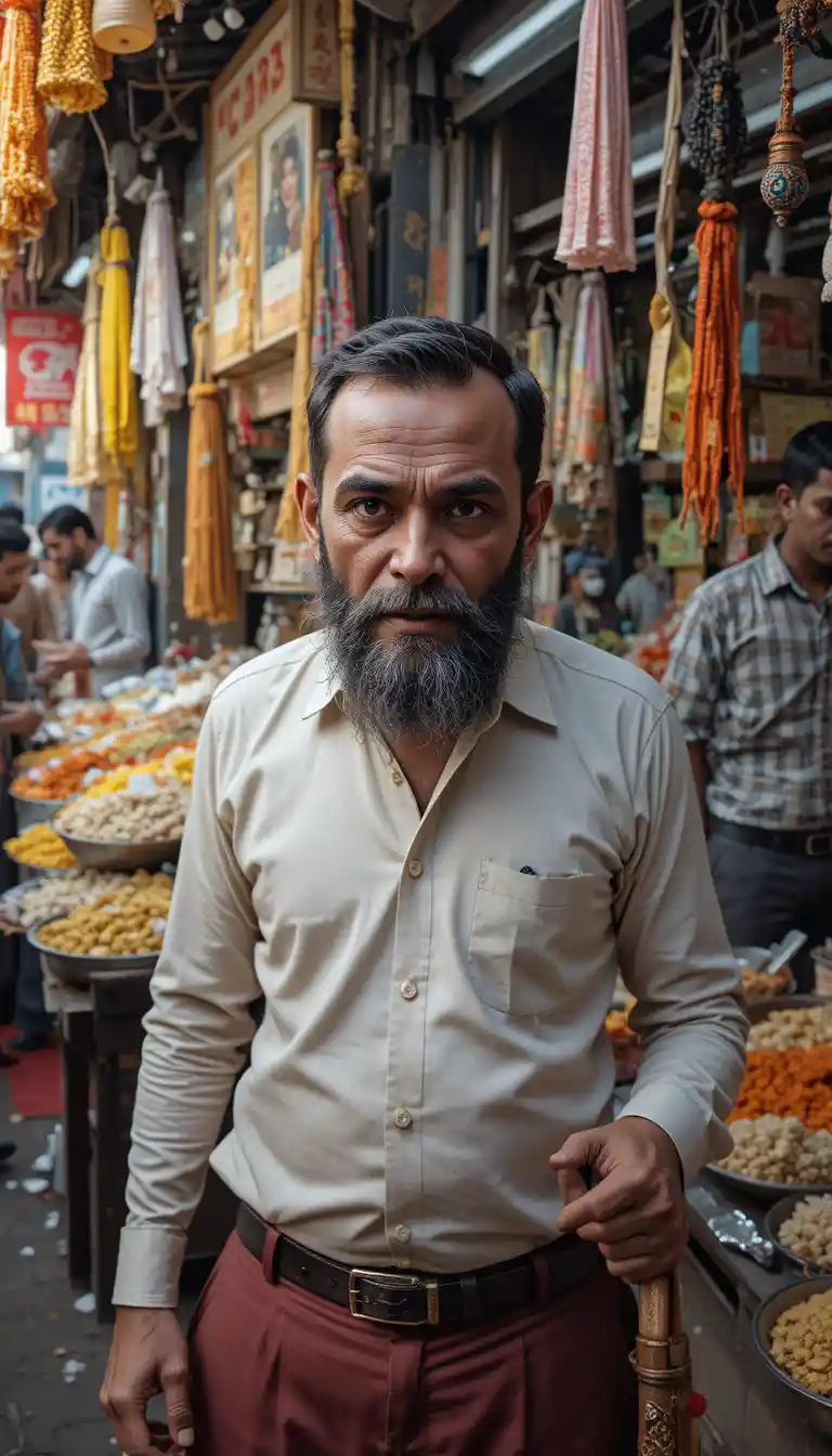 Monkey running on two legs through a crowded street market