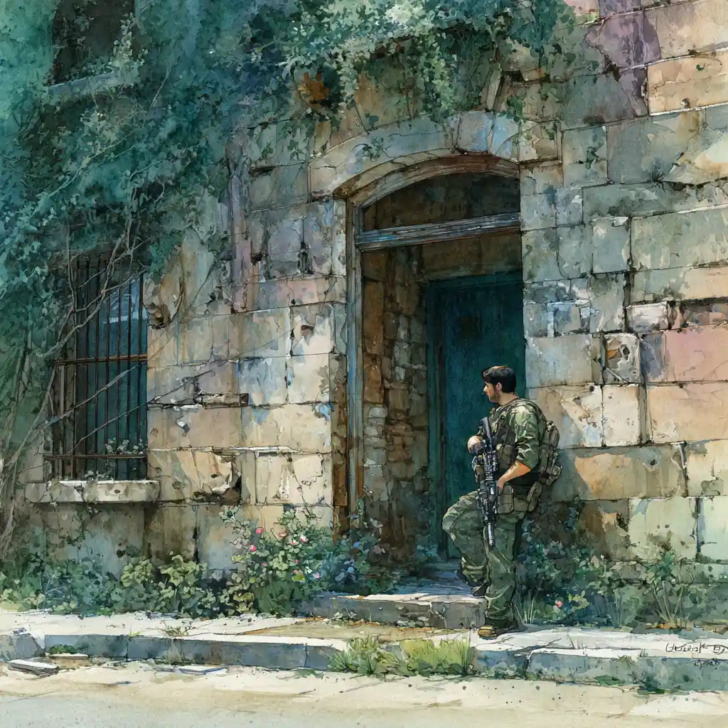 Lone soldier in ivy covered ruins on a silent street
