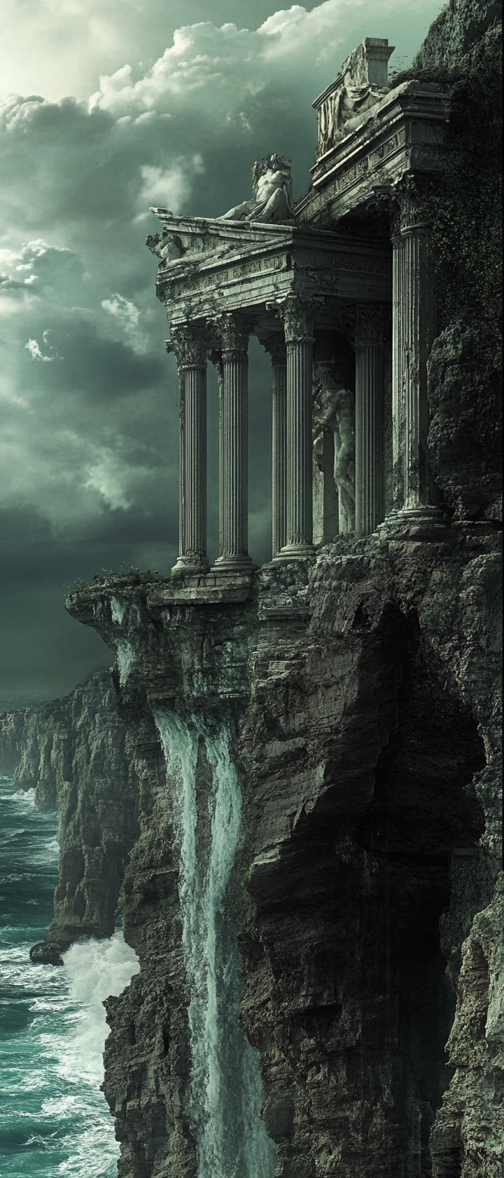 Ancient cliffside temples under storm clouds in dramatic light