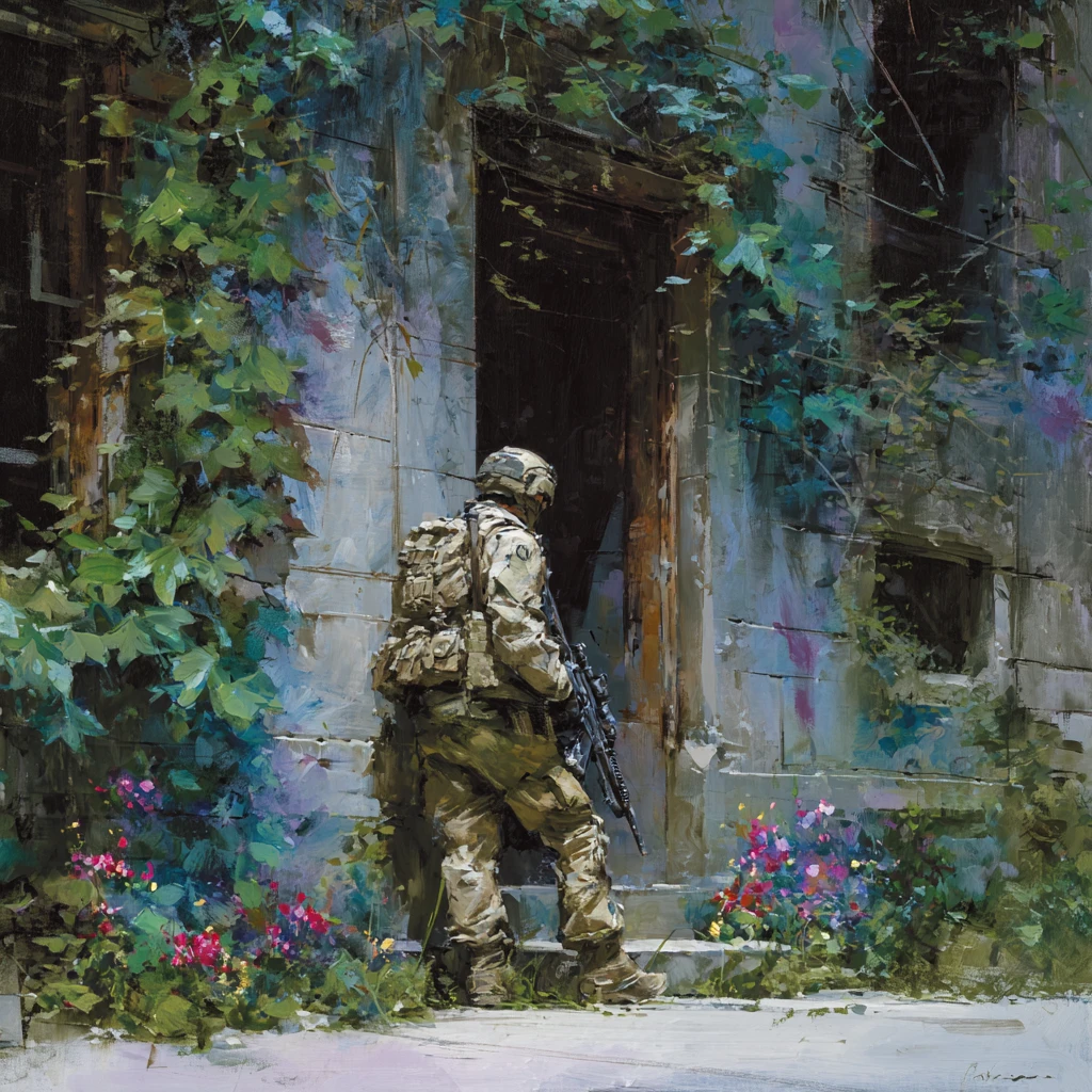 Lone soldier in ivy covered ruins on a quiet city street