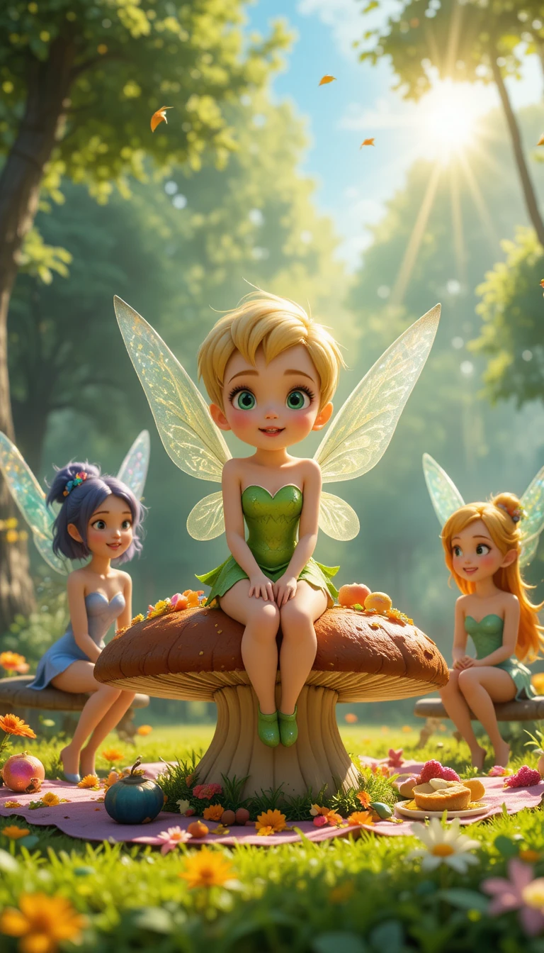 Fairy friends sharing a sunny picnic on a mushroom