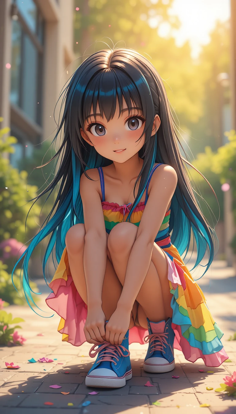 Anime girl tying her sneakers in warm daylight