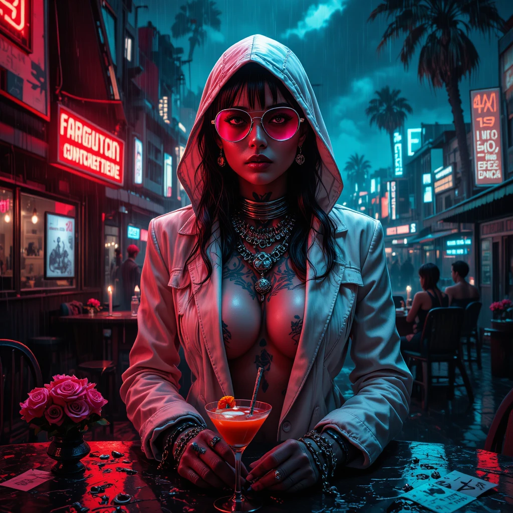 Cyberpunk femme fatale in neon lit noir city portrait
