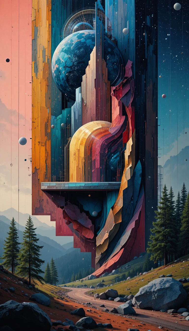 Geometric abstract alien landscape with stylized trees in color