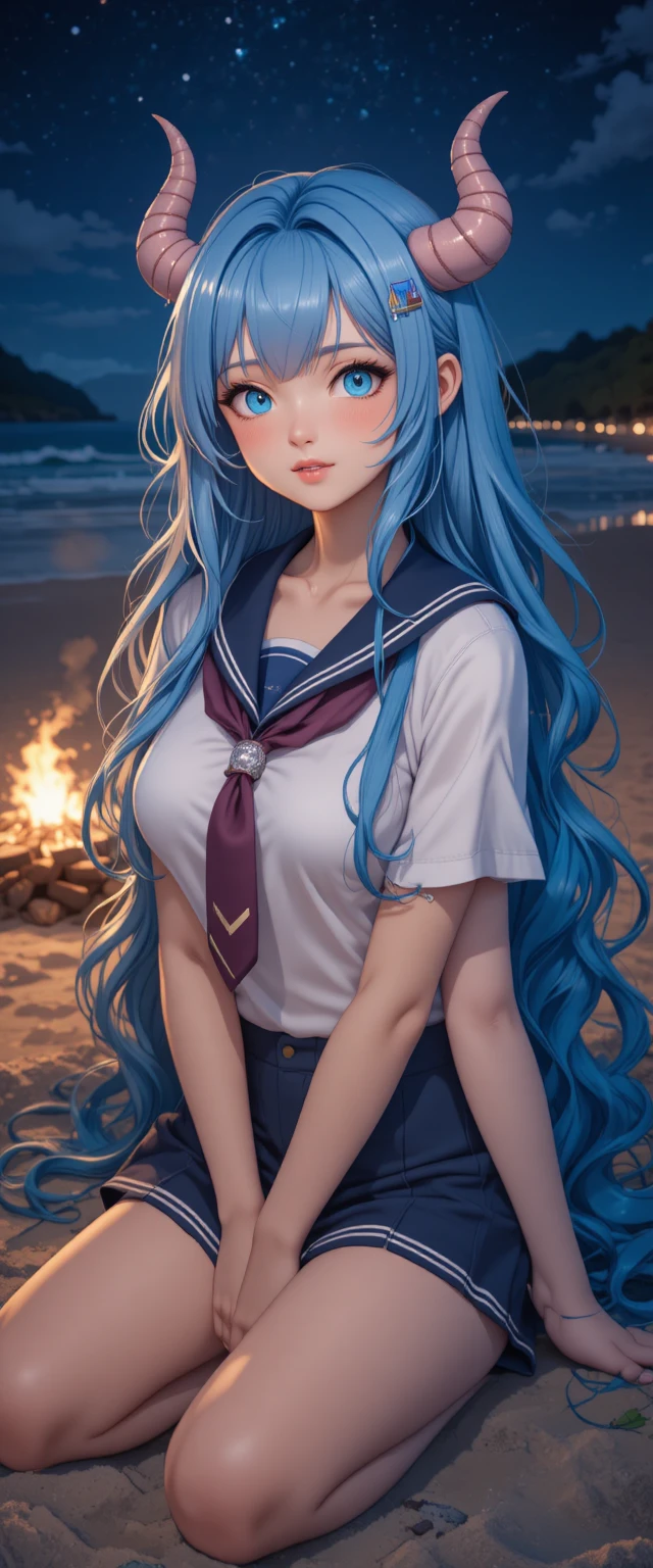 藍髮長角女學生在海灘營火旁放鬆