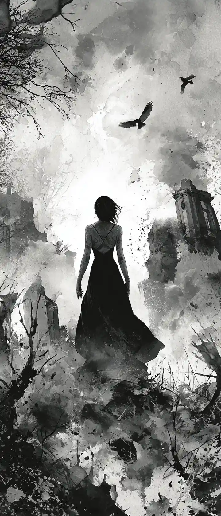 Donna gotica in un campo di mais sotto un cielo neo-noir minaccioso