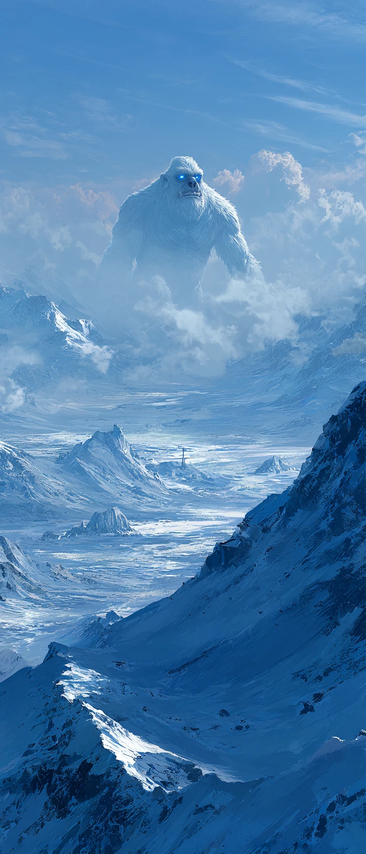 Distant yeti in a frozen mountain blizzard landscape