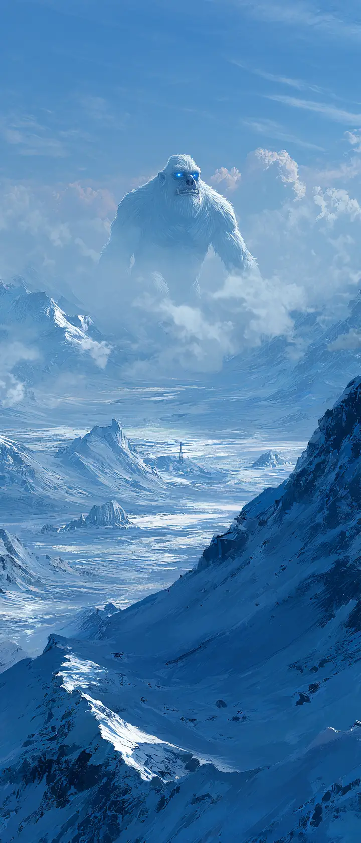 Distant yeti in a frozen mountain blizzard landscape