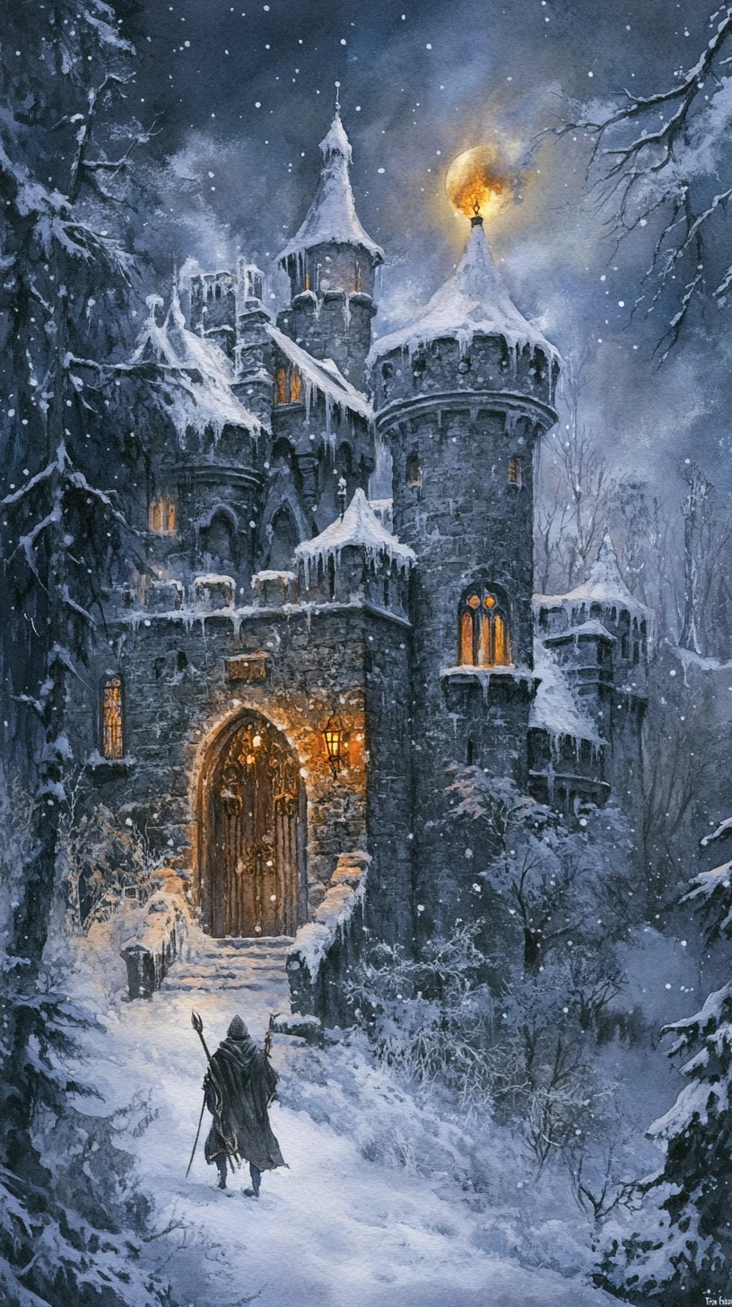 눈 덮인 성이 달빛 겨울 하늘 아래 빛나는 장면