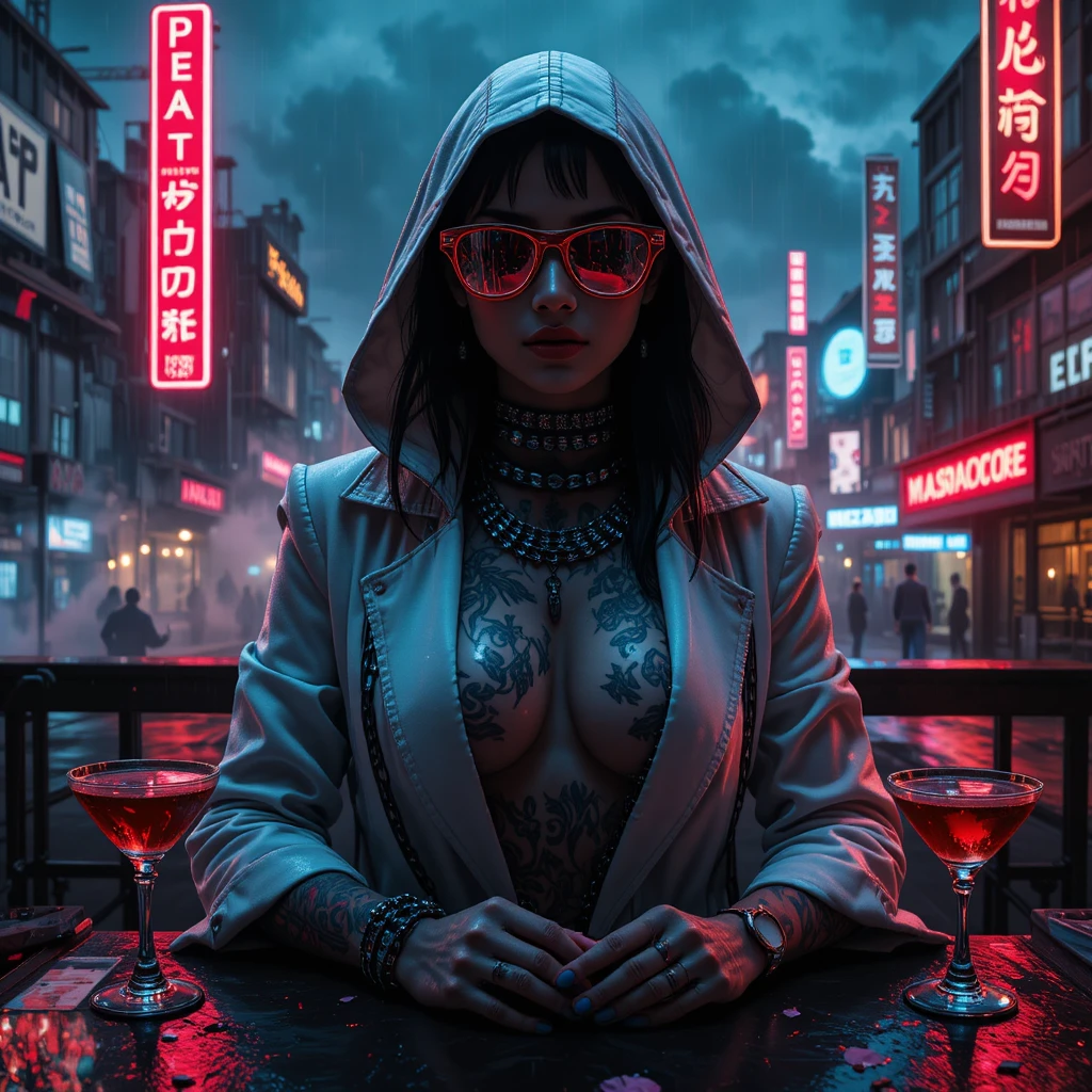 Cyberpunk femme fatale in neon lit noir city portrait