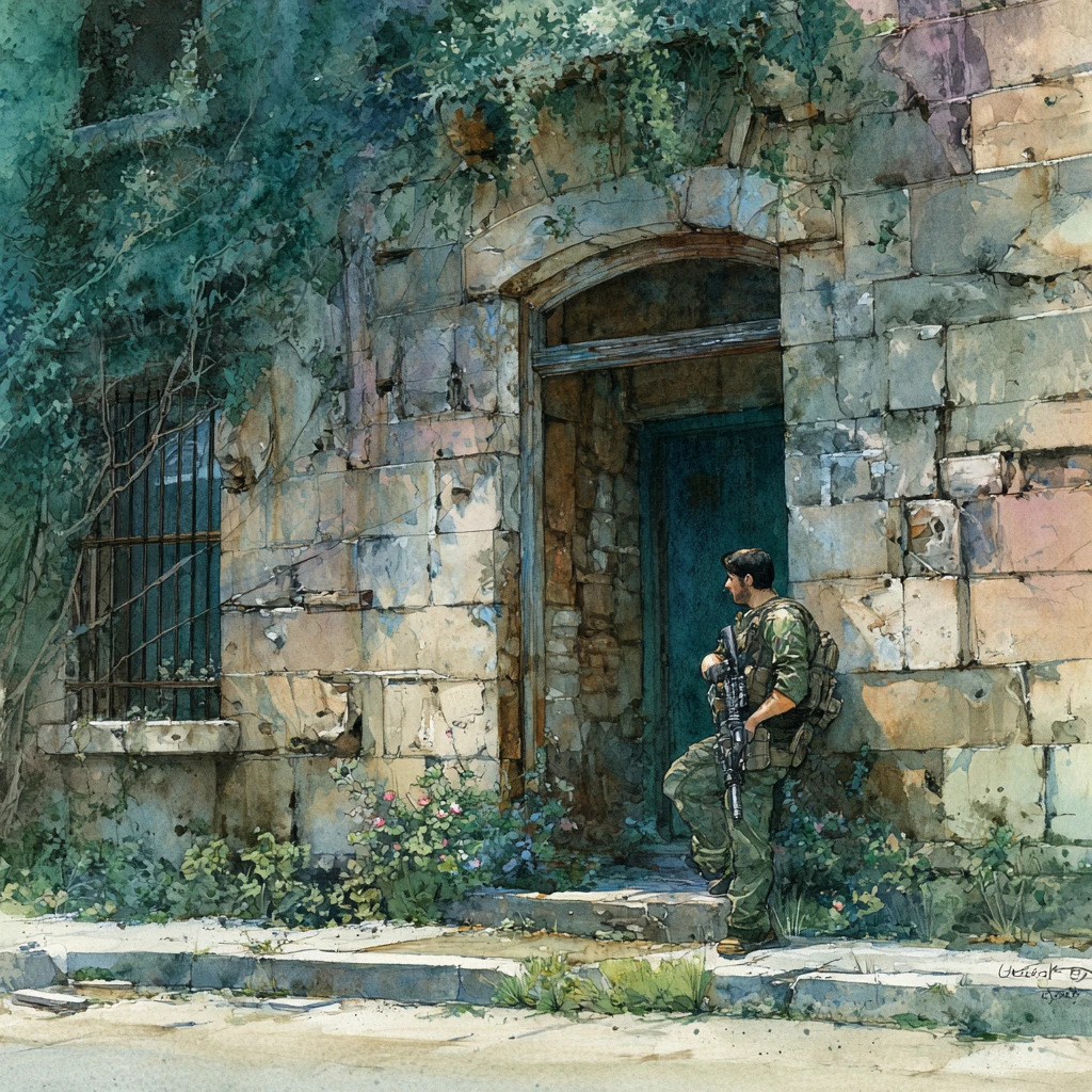 Lone soldier in ivy covered ruins on a silent street