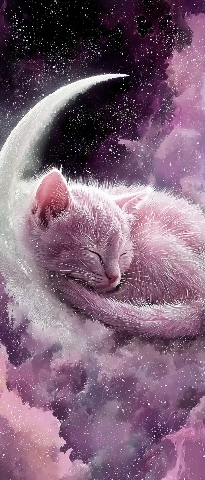 Dreamlike pink starlight kitten sleeping on crescent moon