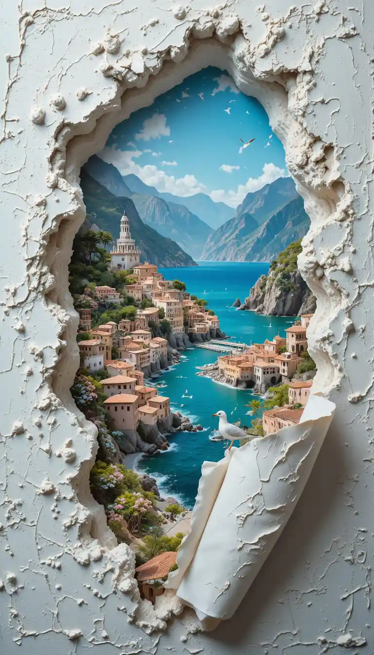 Fantasy watercolor seascape town seen from above