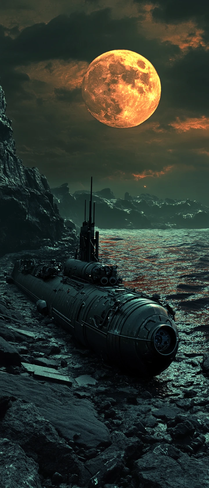 Stranded Steampunk Submarine On A Moonlit Rocky Shore
