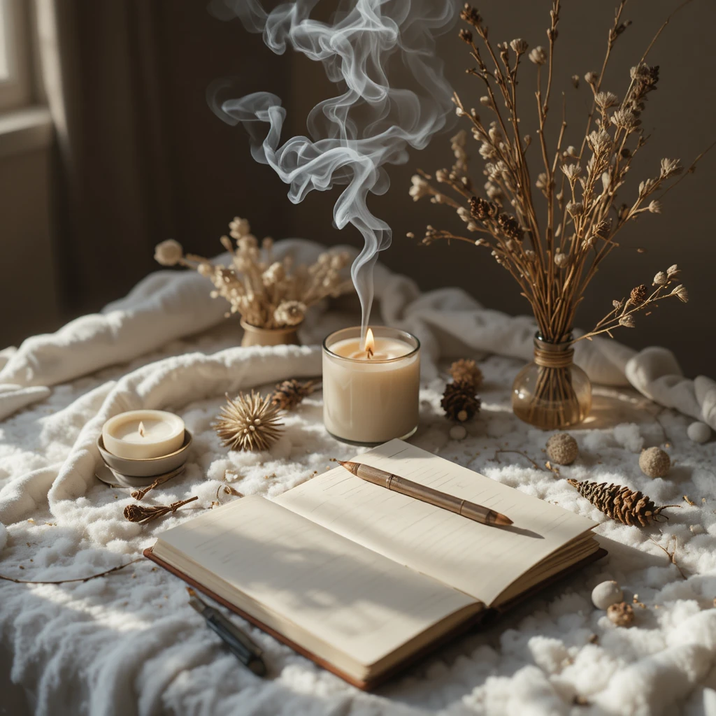 Minimalistischer Winteraltar mit Kerze und Notizbuch auf dem Tisch