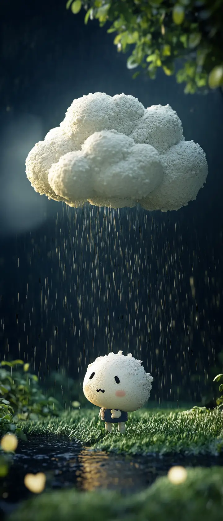 Claymation rain cloud squeezing over a tiny world