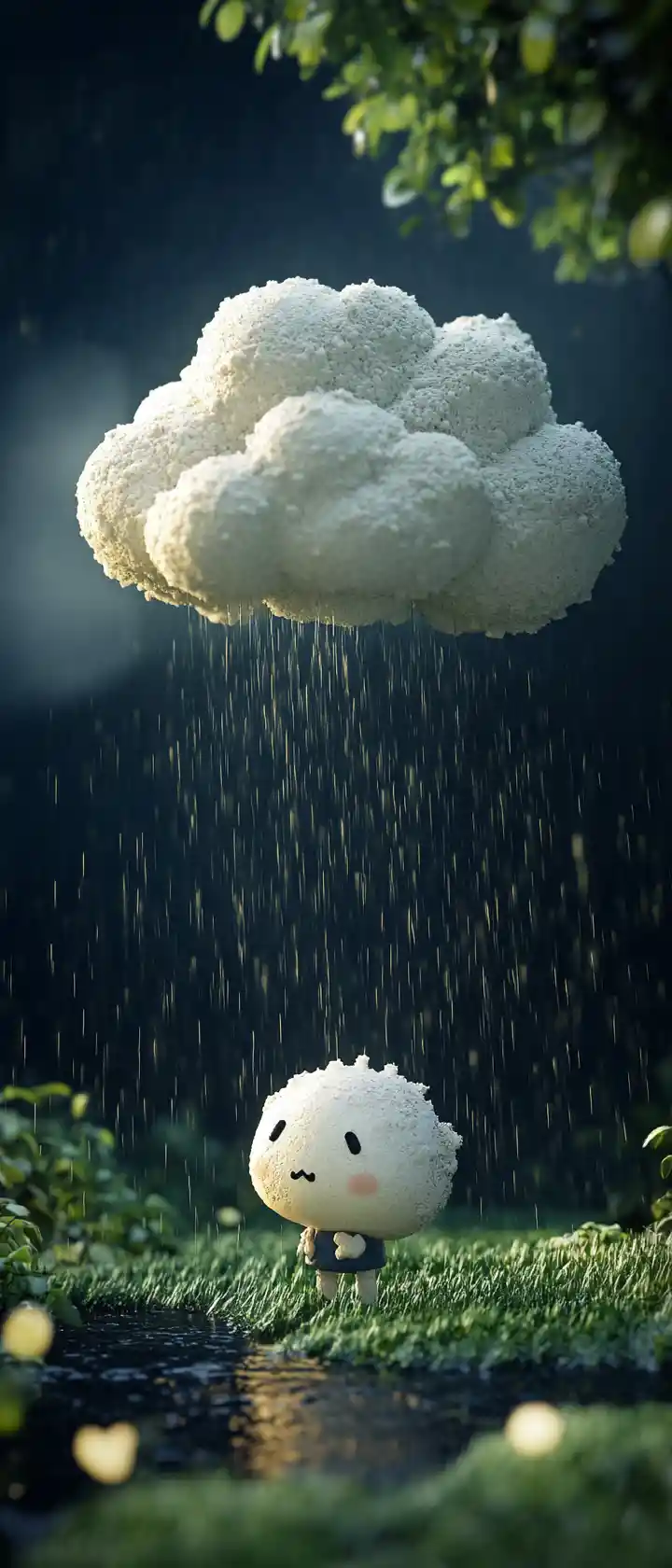 Claymation rain cloud squeezing over a tiny world