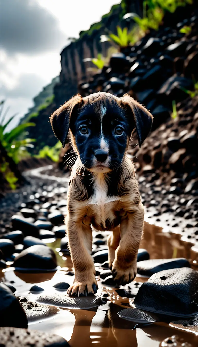 Tiny muddy puppy walking bravely along a steep road