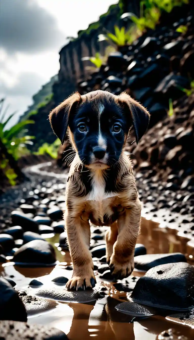 Tiny muddy puppy walking bravely along a steep road
